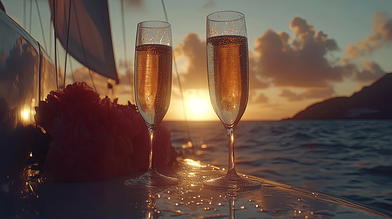 Two glasses of champagne in front of a sunset over the waves