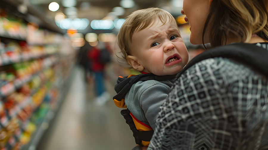 Photo of a baby crying in a supermarket with their mother trying to calm them.